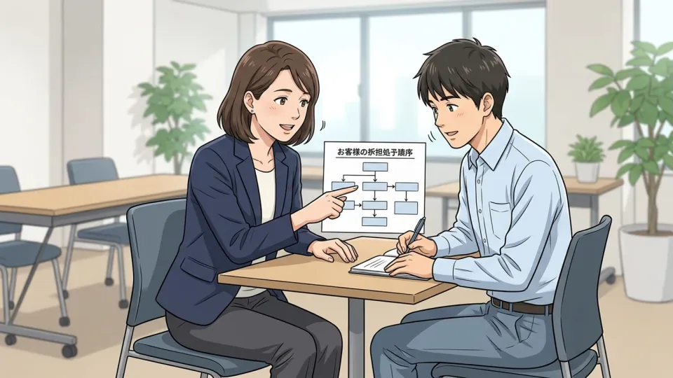 顧客の苦情対応について新入社員を指導する担当者
