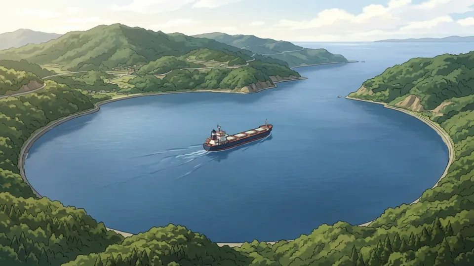 大きな湾を航行する船