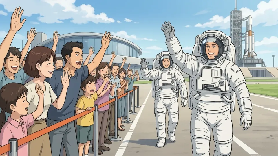 市民が宇宙飛行士を歓迎している様子