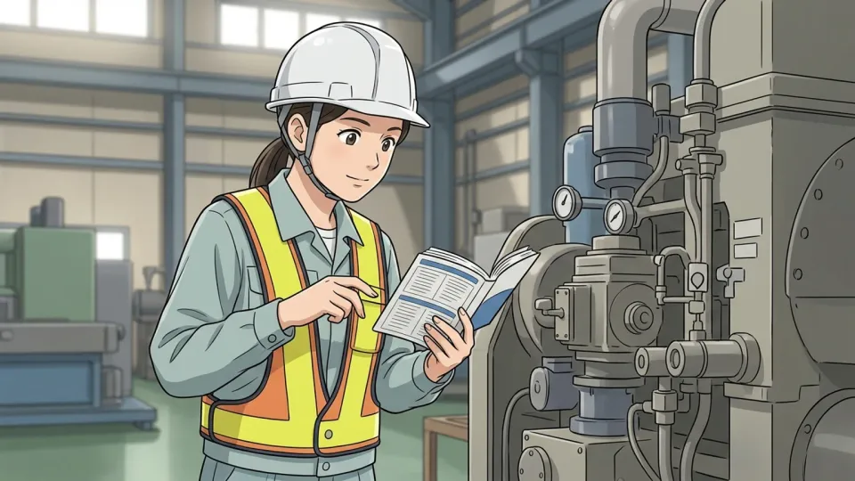 現場点検で役立つポケットガイドを確認する担当者