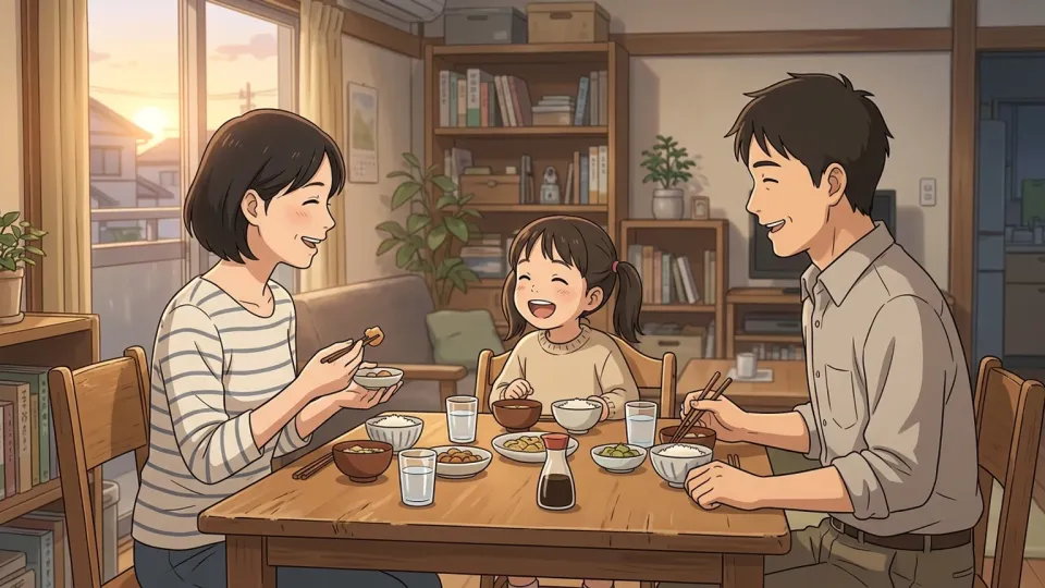 家族が食卓を囲んで笑い合っている様子