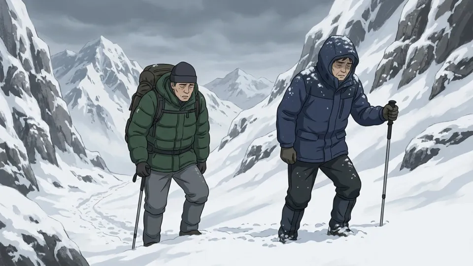 雪山を過酷な様子で歩く登山者たち