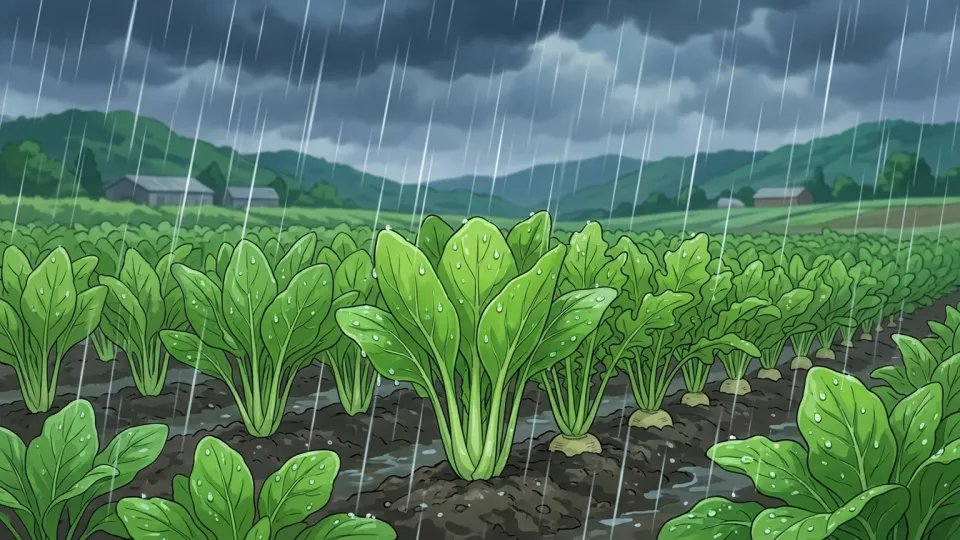 雨の中、無傷で立っている作物