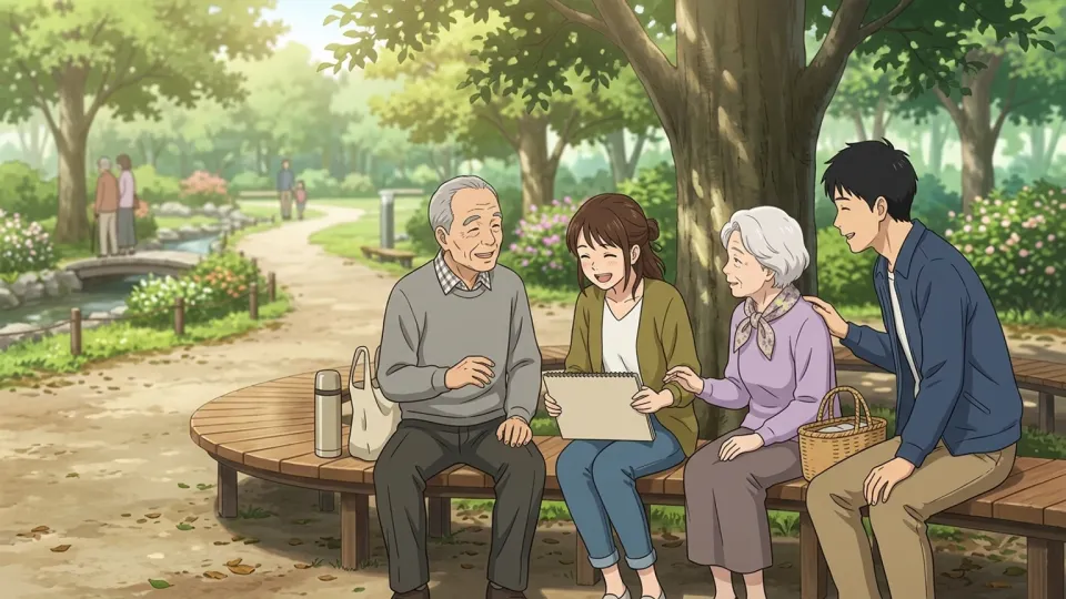 緑豊かな公園で笑顔で語り合う多様な世代の人々