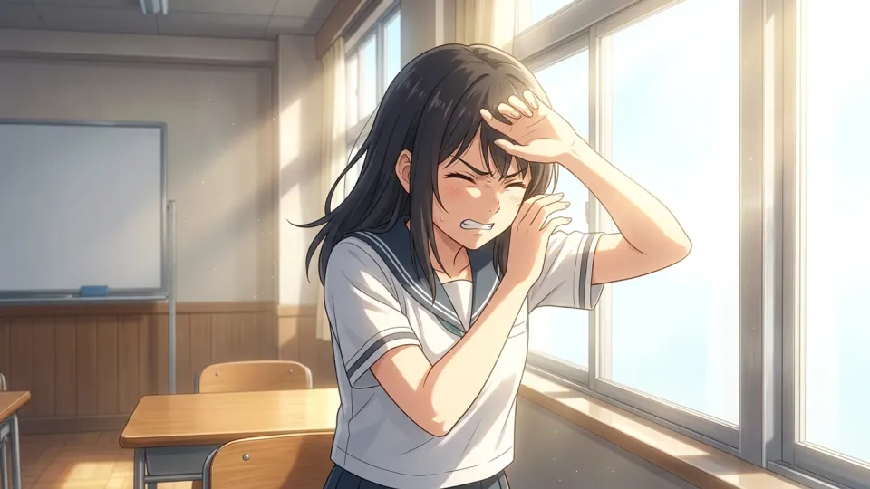 まぶしい光に目を細める人