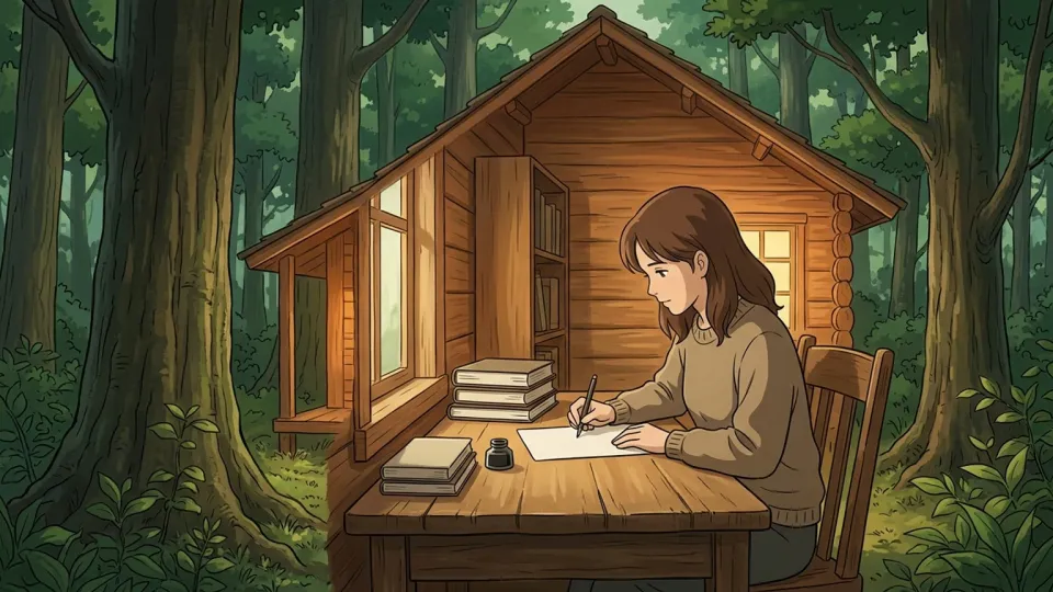 森の中の静かな小屋で執筆する作家