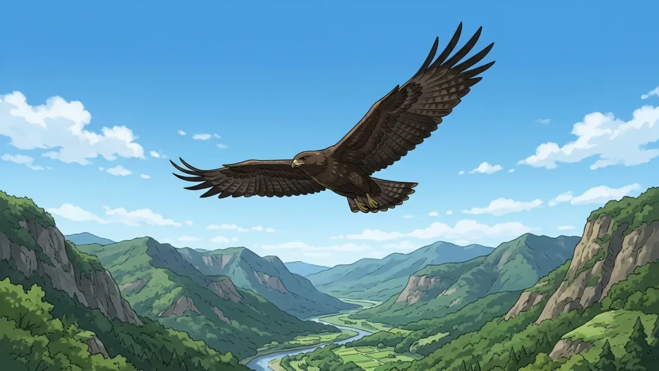 谷の上空を飛ぶタカ