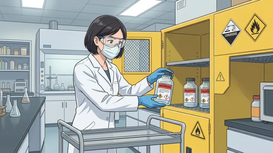 保護具を着けて危険な薬品を扱う訓練済み職員