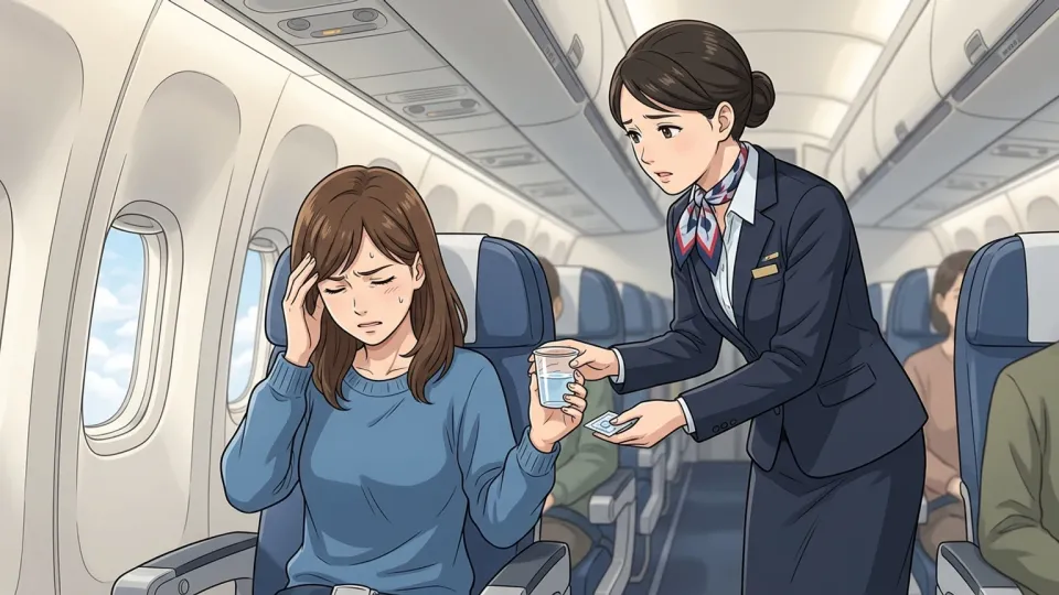 長距離便の機内で頭痛を感じた乗客がこめかみを押さえている
