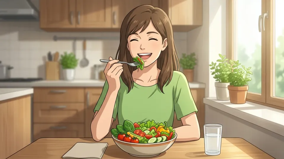 新鮮な野菜のサラダを食べて元気そうな笑顔を見せる女性