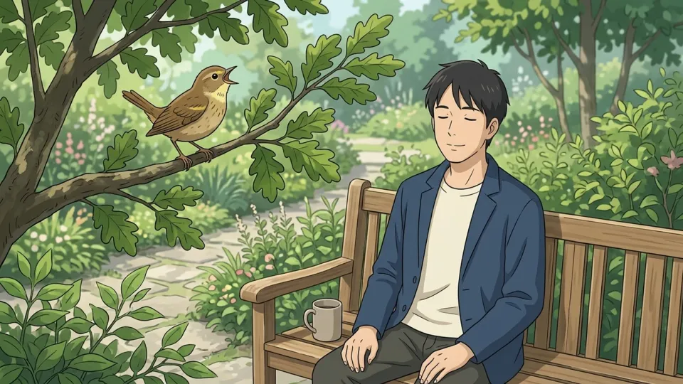 庭で鳥のさえずりを聞いている人物