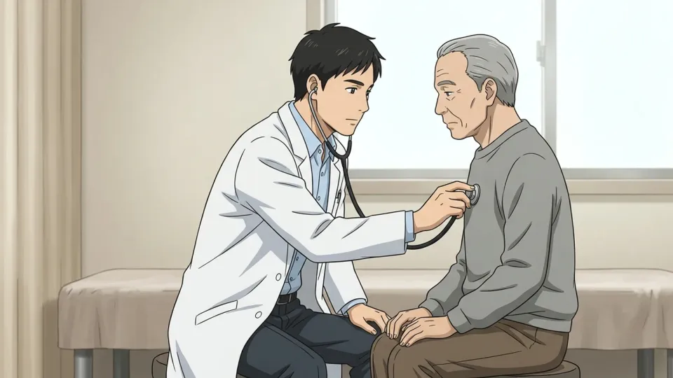 医師が聴診器で患者の胸の音を診察している。
