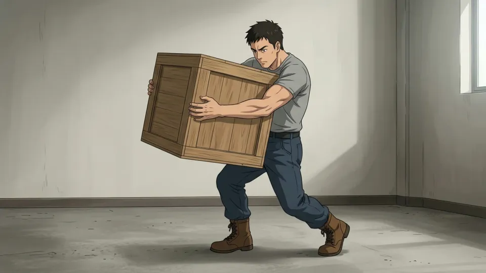 重い箱を運ぶ男性