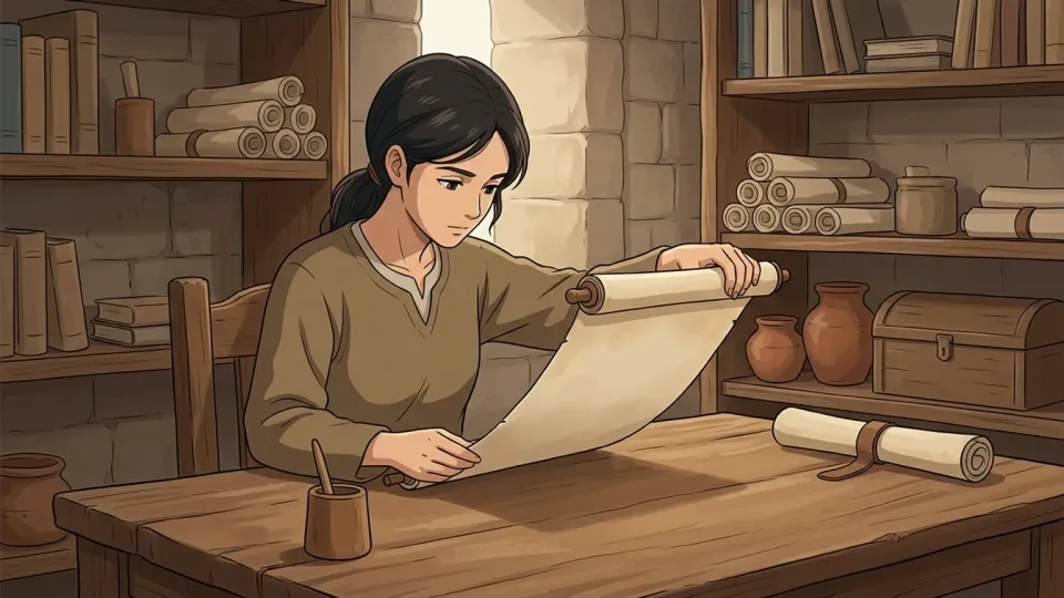 女性がヘブライ語の巻物を読んでいるイラスト