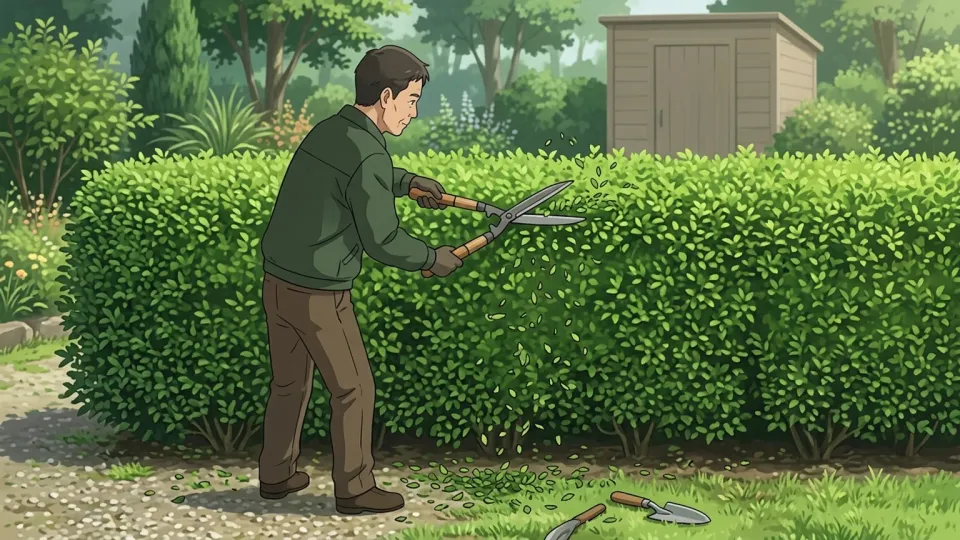 庭師が生垣を手入れしている様子