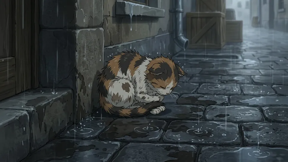 激しい雨の中で濡れた路地にうずくまる子猫