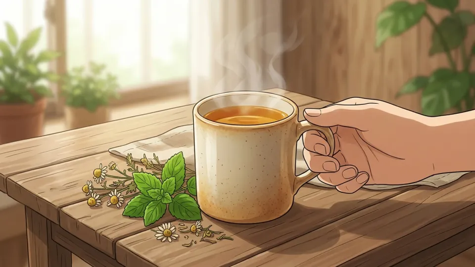 マグカップに入ったハーブティーと草木の葉