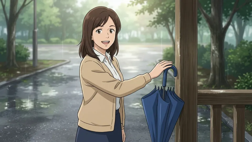 青い傘を指さす女性