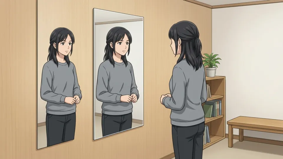 鏡を見て自分の姿を確認する女性