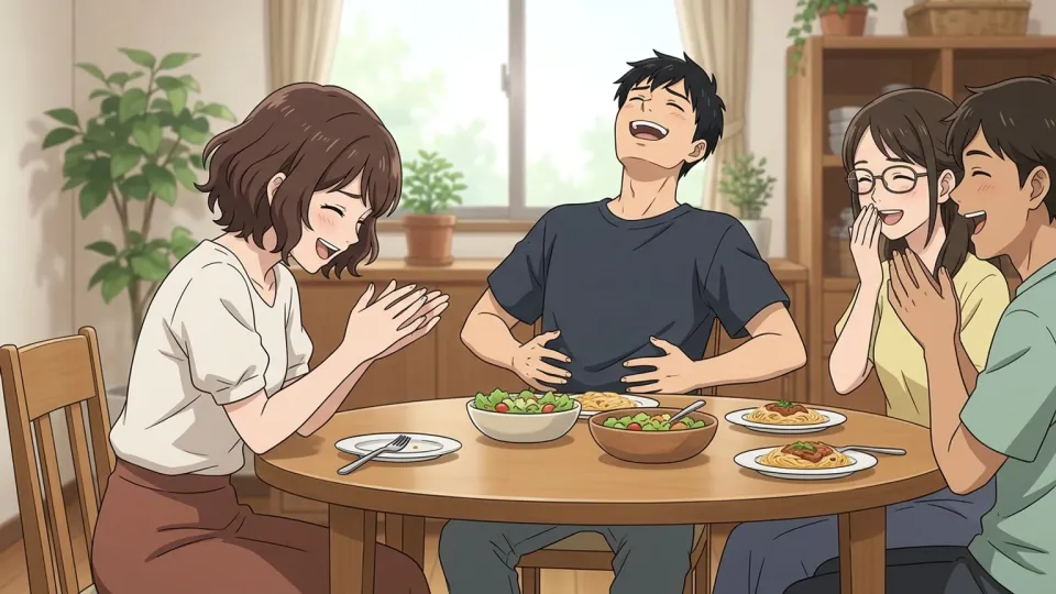 食卓で大笑いしている人々