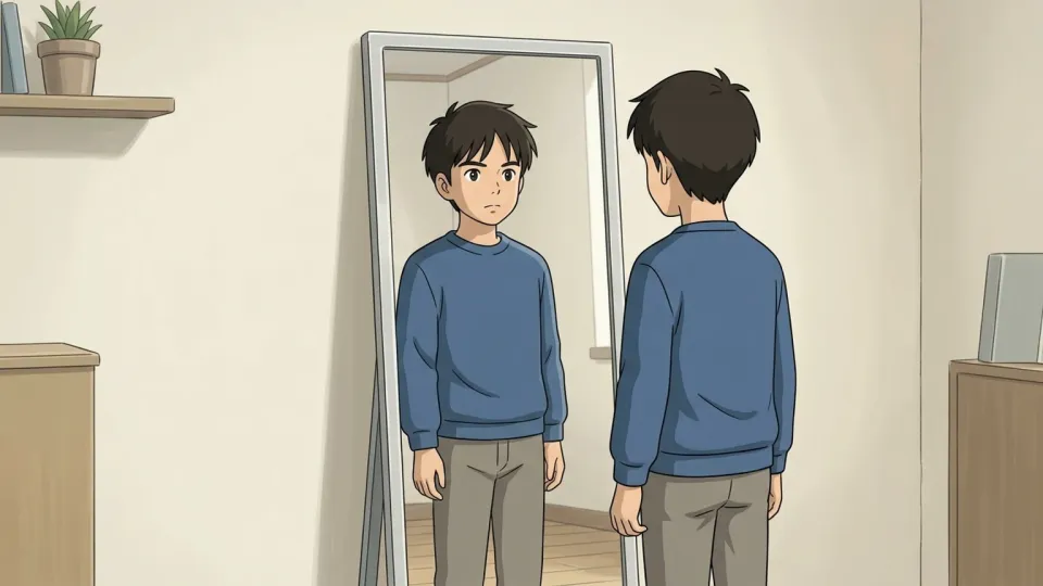 鏡を見て自分の姿を確認する少年。