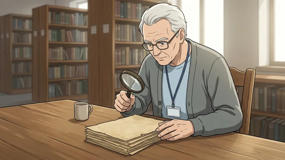 古い文書を虫眼鏡で調べる研究者