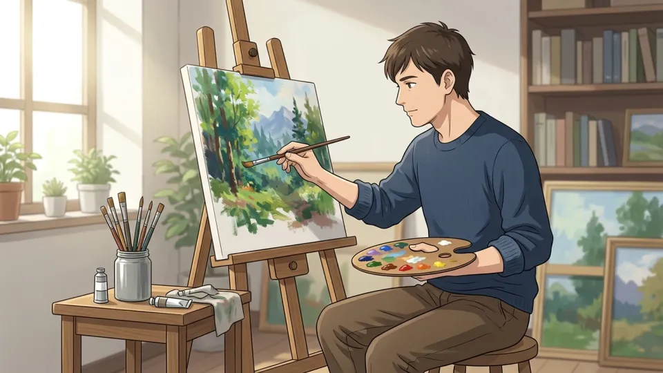 風景画を描く男性のイラスト