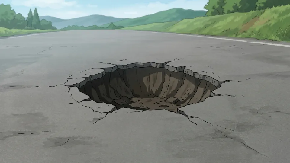 道路の真ん中にあいた大きな穴