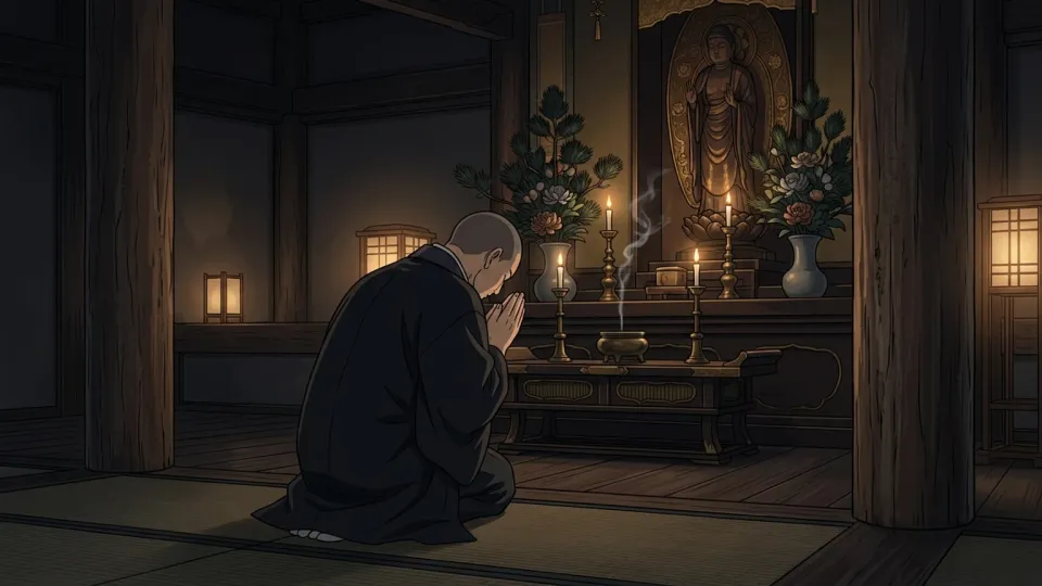 神聖な寺院で祈る僧侶たち