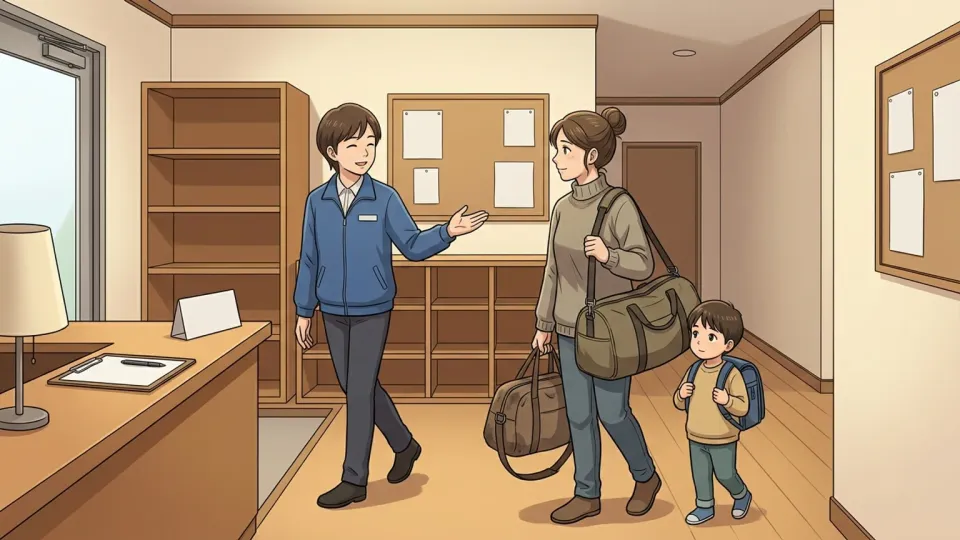 住まいのない家族に一時住宅の鍵を渡す職員
