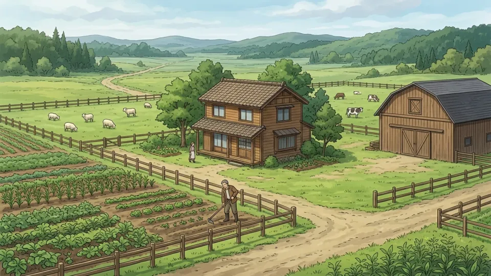 田舎の農家と土地の風景