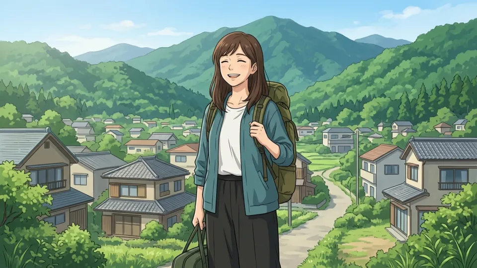 故郷の町を訪れてリラックスしている人のイラスト