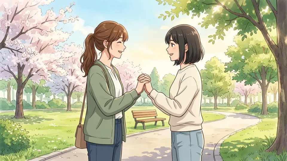 二人の同性の人物が手を取り合って微笑む様子