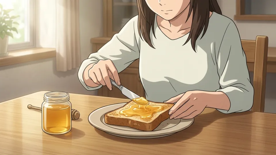 トーストにはちみつを塗る女性
