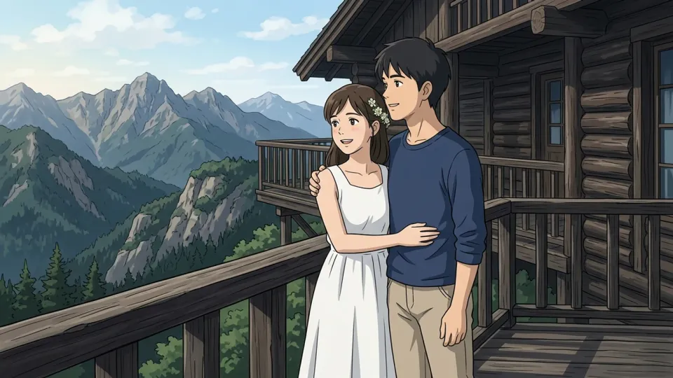 新婚夫婦が山小屋のバルコニーで寄り添い、穏やかな景色を眺めている様子