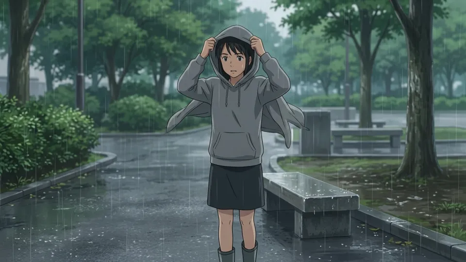 雨の中でフードを被る女性
