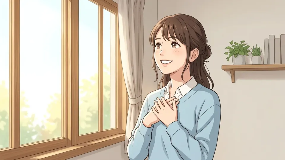 明るい部屋で笑顔を見せる希望に満ちた女性の様子