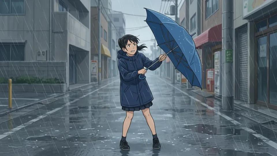 雨の中で傘が壊れて困っている人