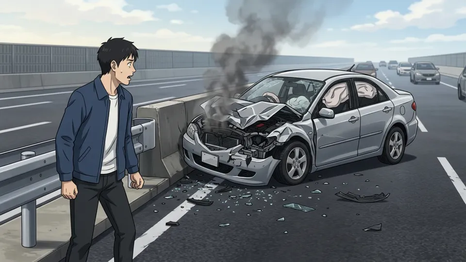 大破した自動車と立ちすくむ目撃者による恐怖の表現