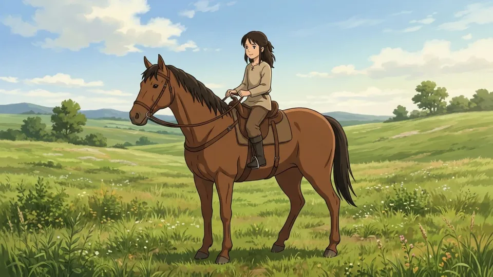 野原で茶色の馬に乗る少女