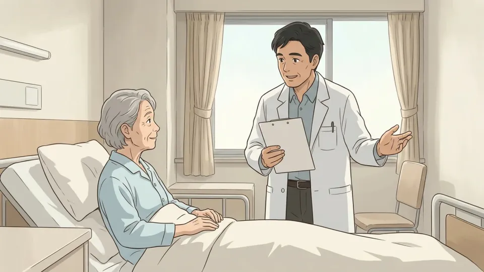 病院のベッドサイドで医師と話す患者