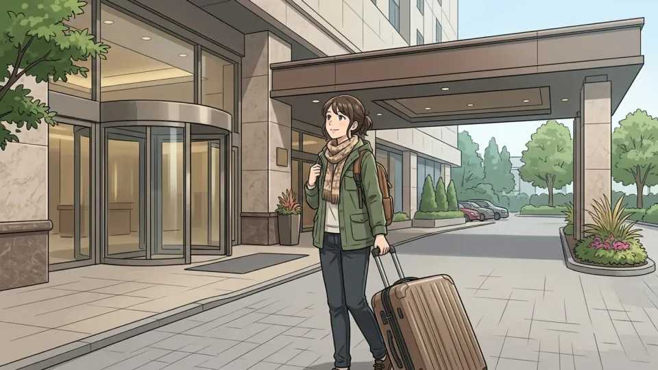 旅行者がホテルの入り口に立っている