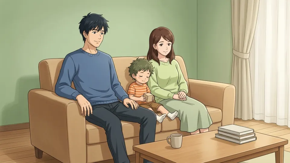 リビングでくつろぐ3人家族