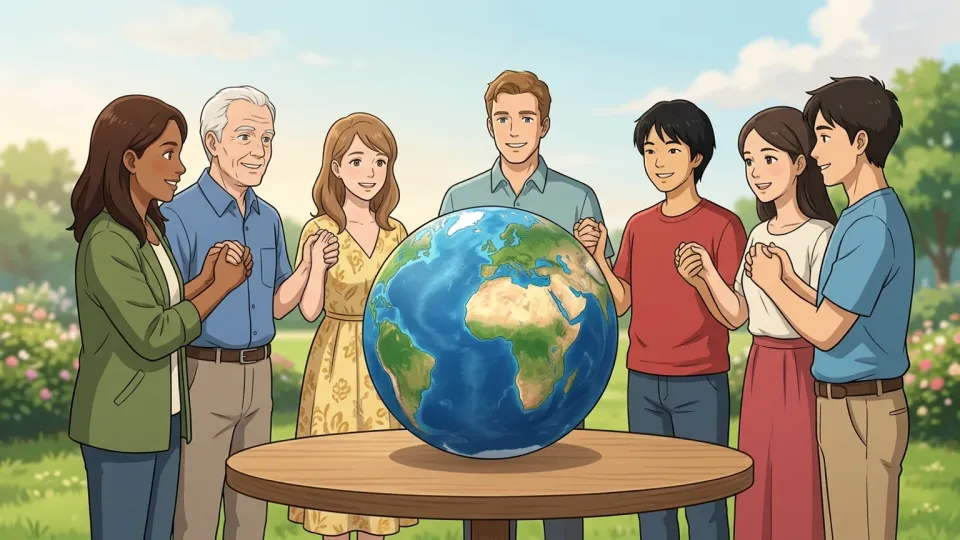 地球の周りに立つ多様な人々のイラスト