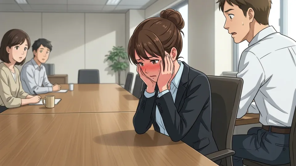 会議室でうつむく女性