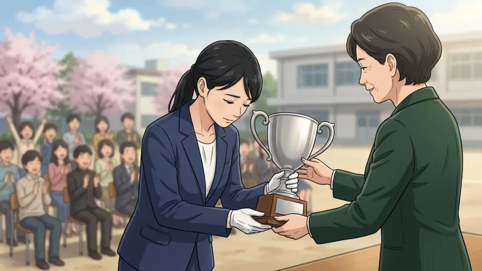 謙虚に賞を受け取る女性