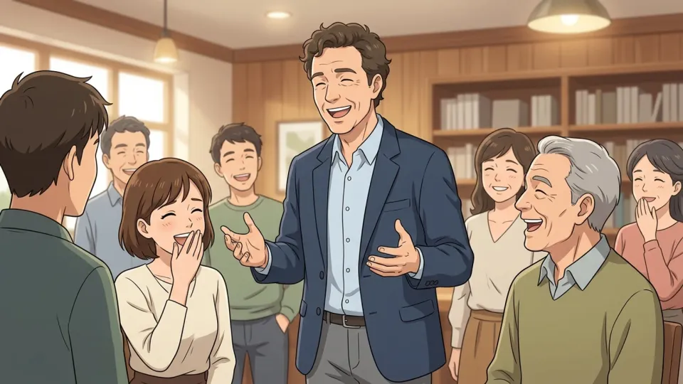 人々が笑顔で会話を楽しんでいるイラスト