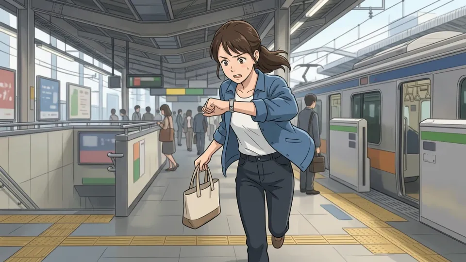 駅に向かって走る女性のイラスト