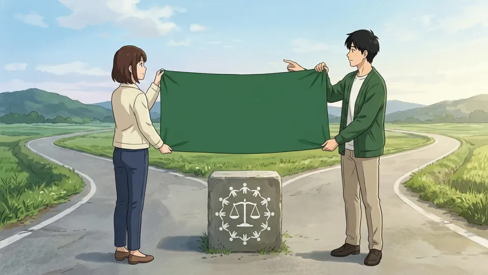 共通の旗を見上げる二人の人物