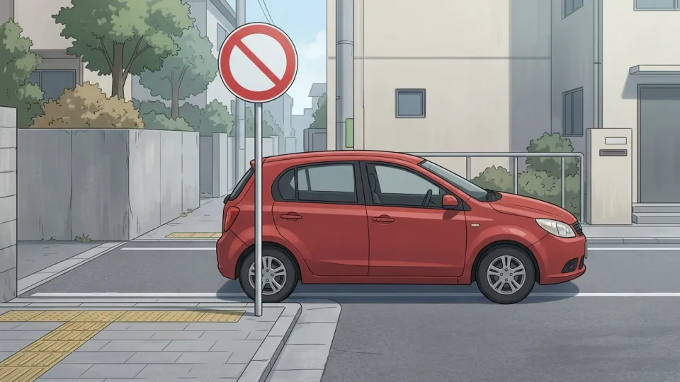 駐車禁止の標識のそばに車が止まっている図